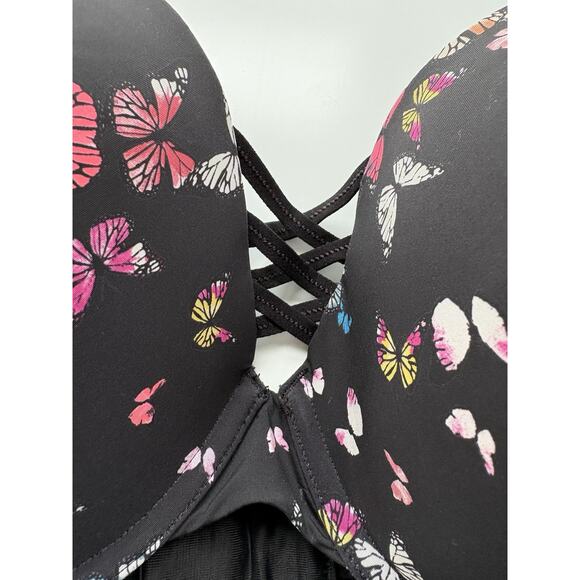 Torrid Bra 44D Boost Plunge Black Colorful Butterfly Padded Cris-Cross Front - Picture 2 of 5